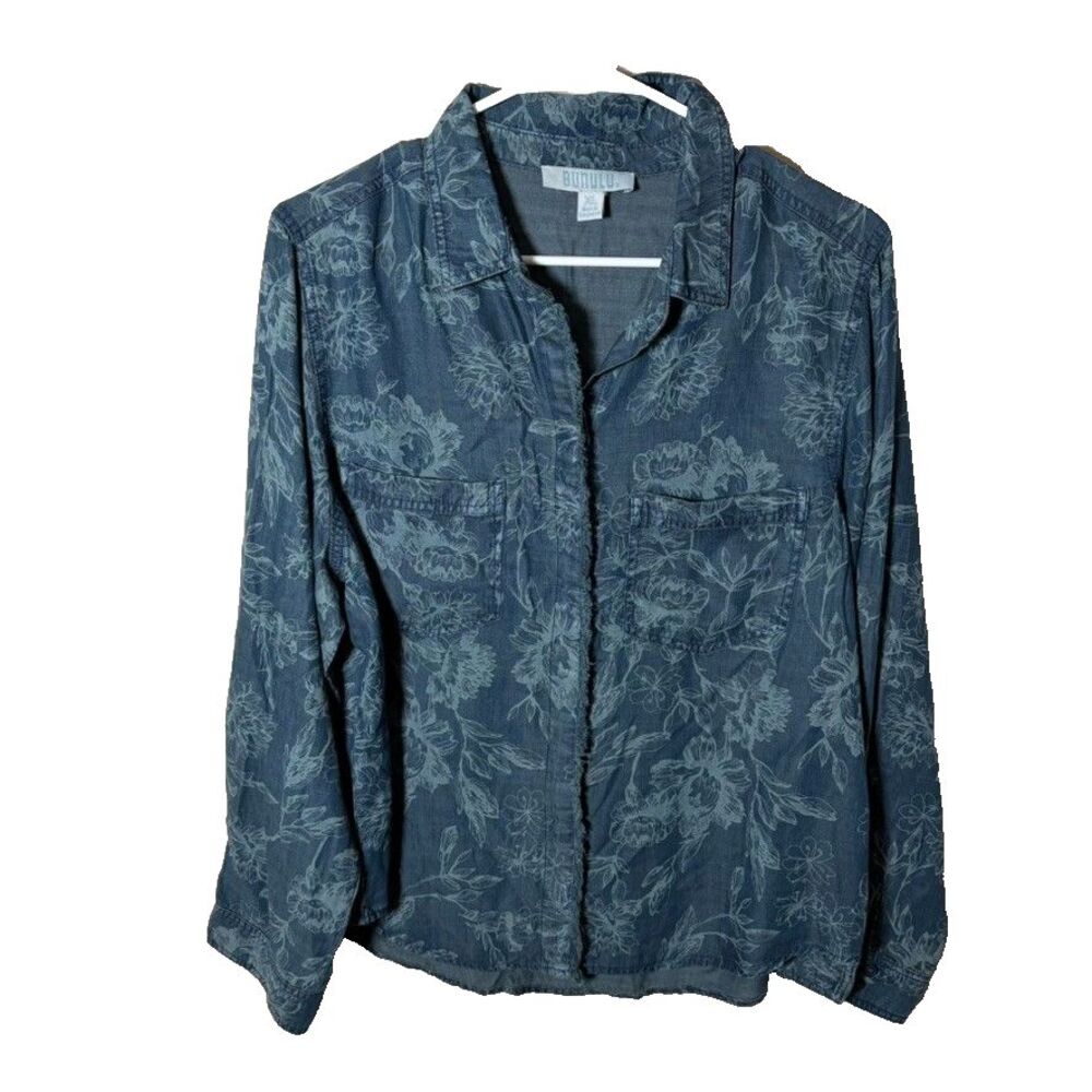 Bunulu Shirt Women's XL Blue Button Up Collared Long Sleeve Shirt Casual